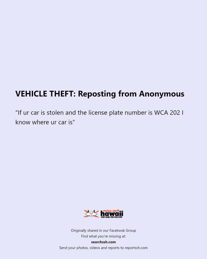 VEHICLE THEFT - Hawaii | SSH Search