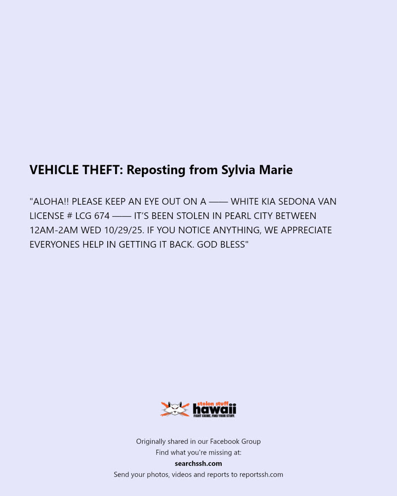 VEHICLE THEFT - Pearl City, Oahu | SSH Search