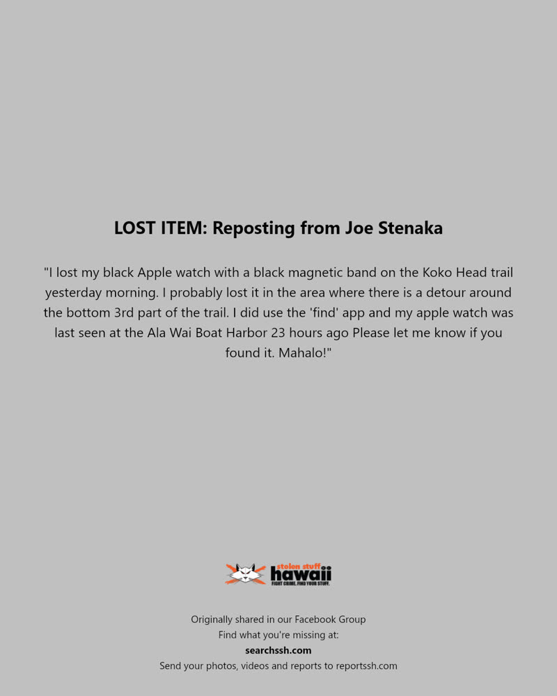 LOST ITEM - Koko Head Trail, Ala Wai Boat Harbor, Honolulu, Oahu | SSH Search