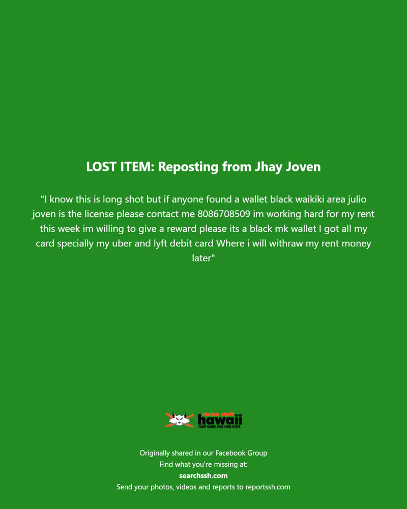 LOST ITEM - Waikiki, Honolulu, Oahu | SSH Search