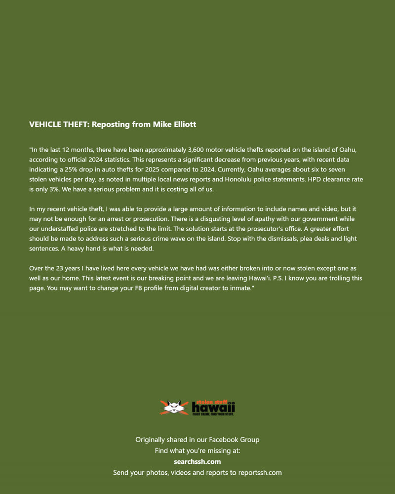 VEHICLE THEFT - Hawaii | SSH Search