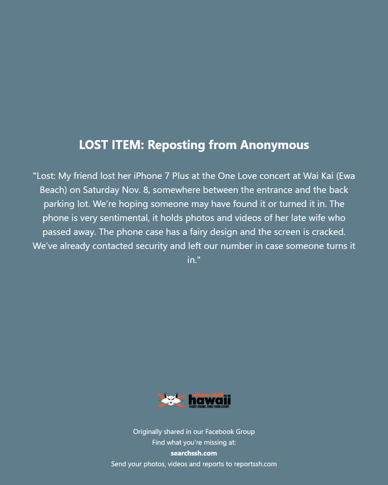 LOST ITEM - Wai Kai, Ewa Beach, Oahu | SSH Search