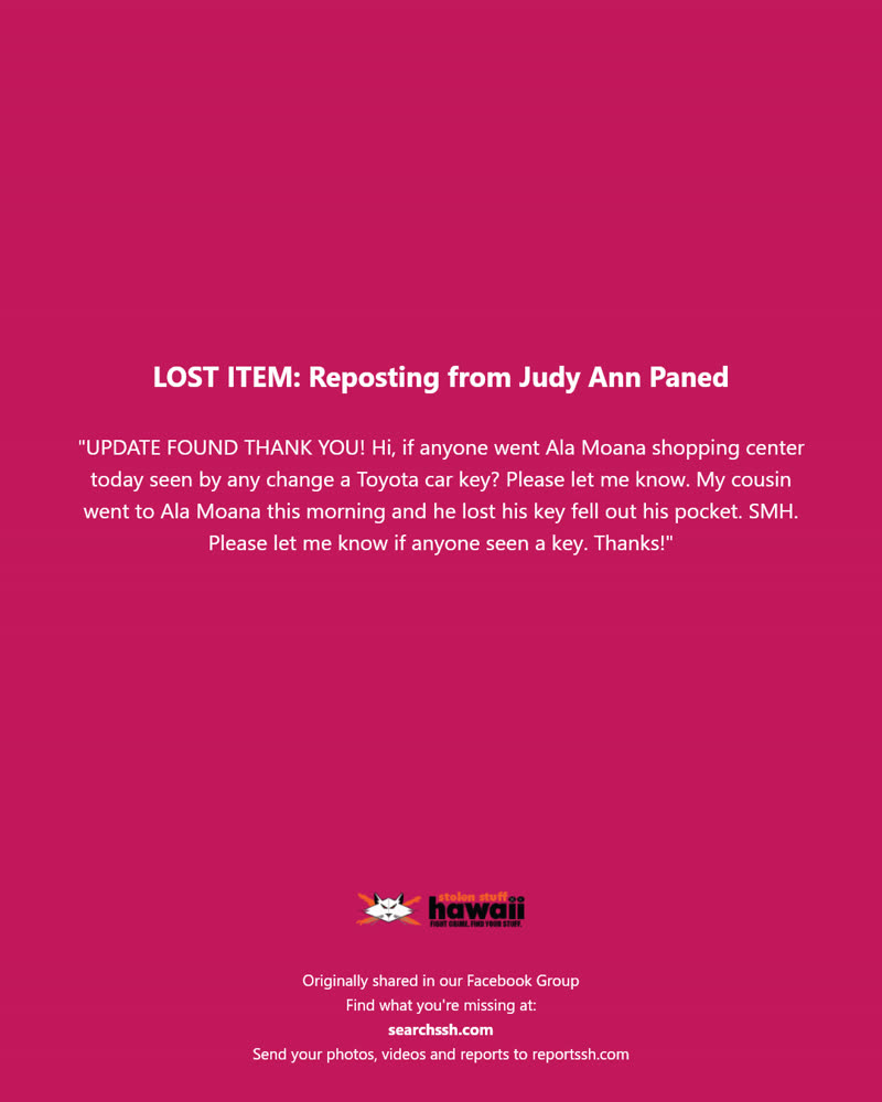 LOST ITEM - Ala Moana Shopping Center, Honolulu, Oahu | SSH Search