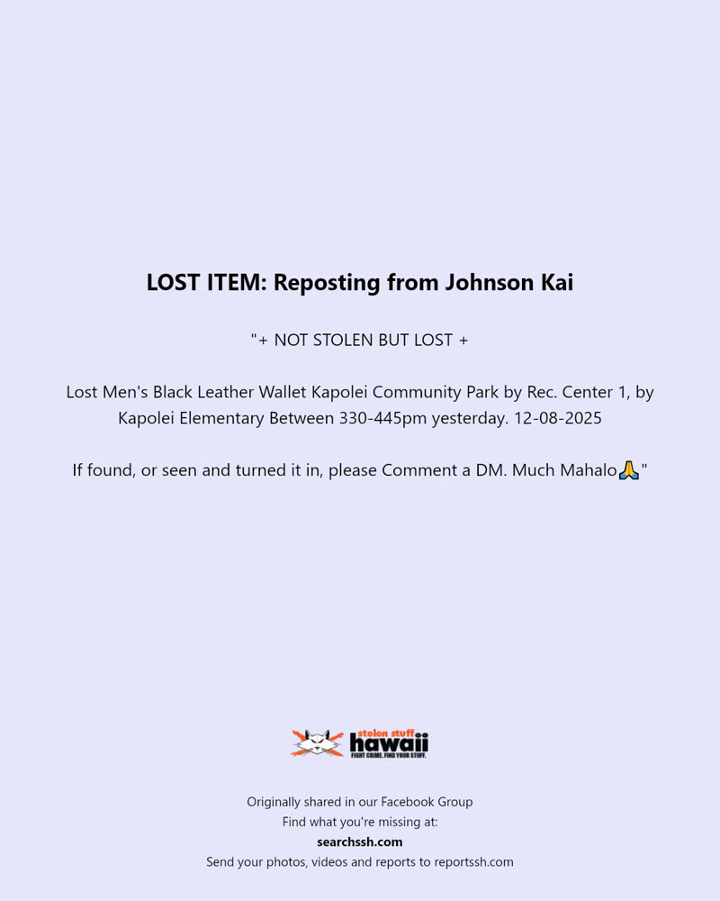 LOST ITEM - Kapolei Community Park, Kapolei, Oahu | SSH Search