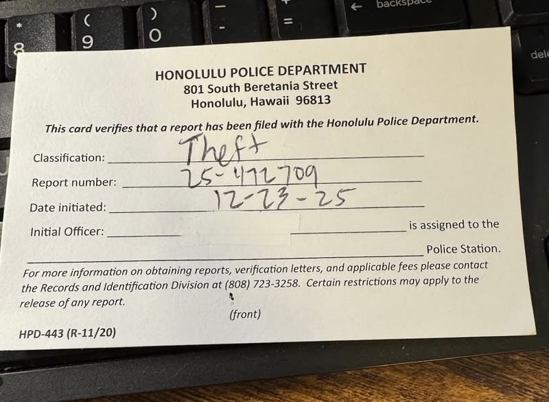VEHICLE THEFT - Sharons Plants Nursery, Waimanalo | SSH Search
