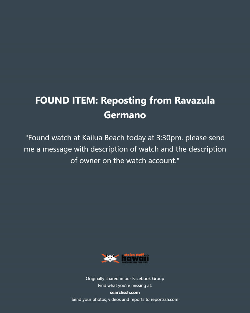 FOUND ITEM - Kailua Beach, Kailua, Oahu | SSH Search