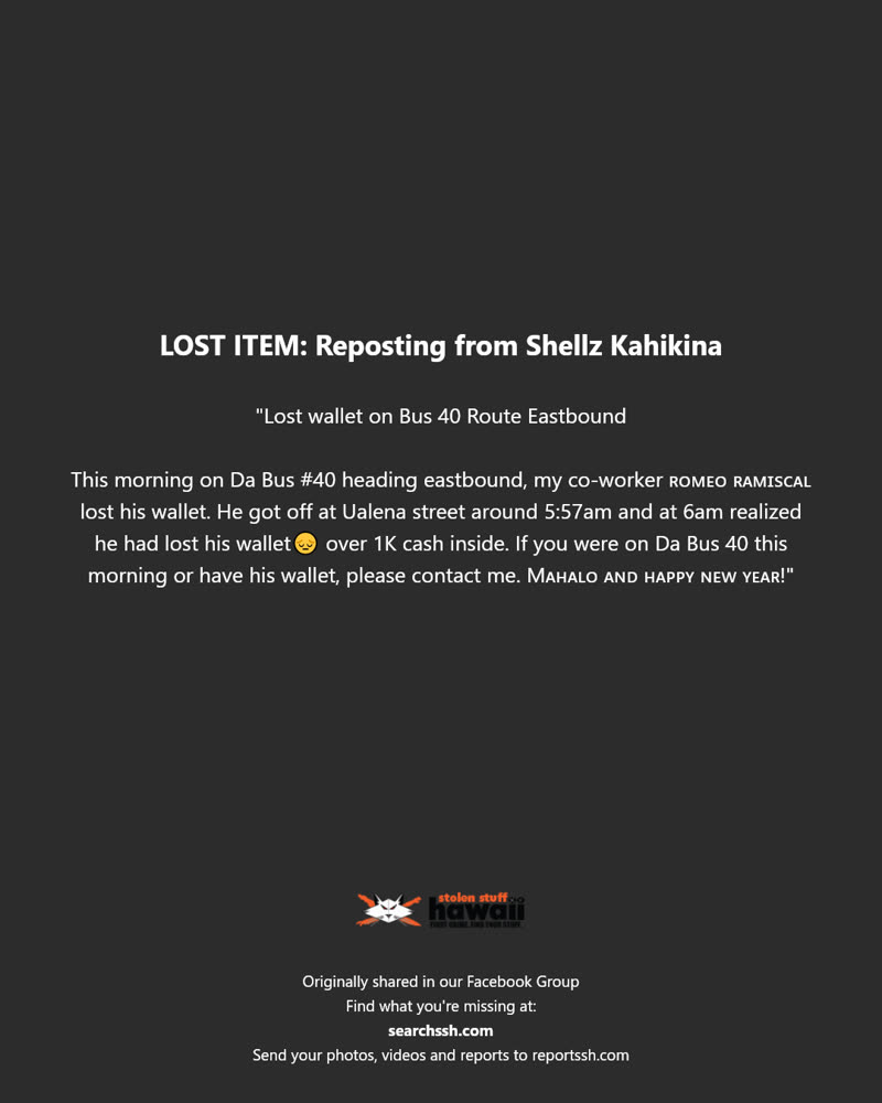 LOST ITEM - Ualena Street, Honolulu, Oahu | SSH Search