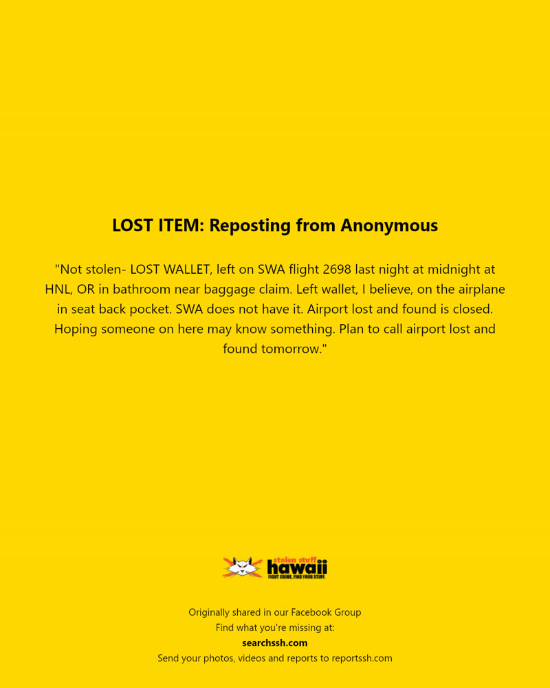 LOST ITEM - HNL, Honolulu International Airport, Oahu | SSH Search