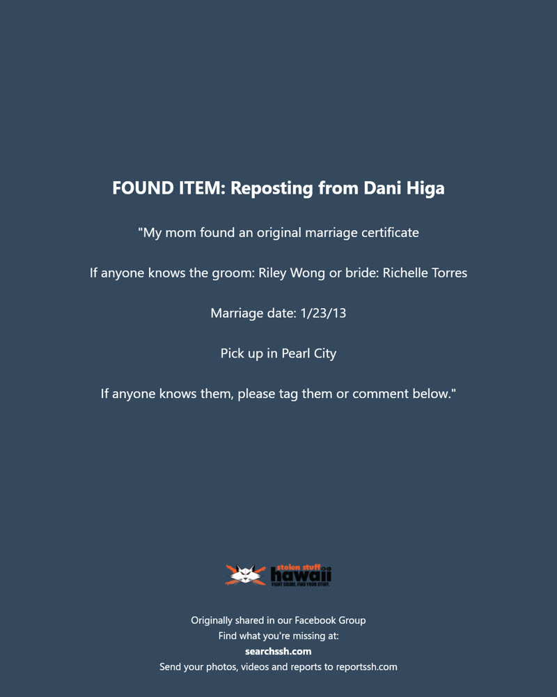 FOUND ITEM - Pearl City, Oahu | SSH Search