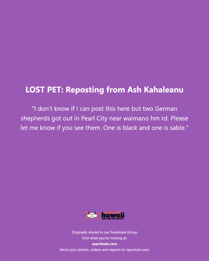 LOST PET - Waimano Home Road, Pearl City, Oahu | SSH Search