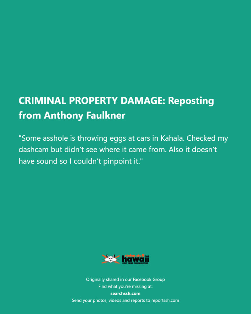 CRIMINAL PROPERTY DAMAGE - Kahala, Honolulu, Oahu | SSH Search