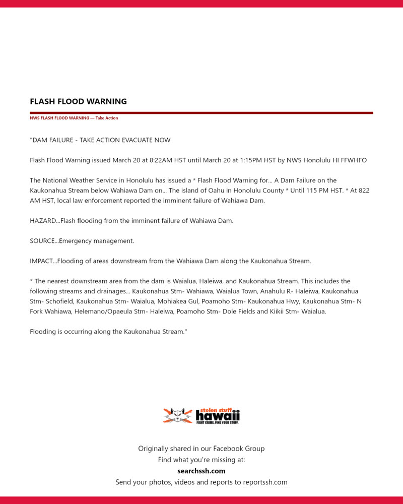 FLASH FLOOD WARNING - Wahiawa Dam, Oahu | SSH Search