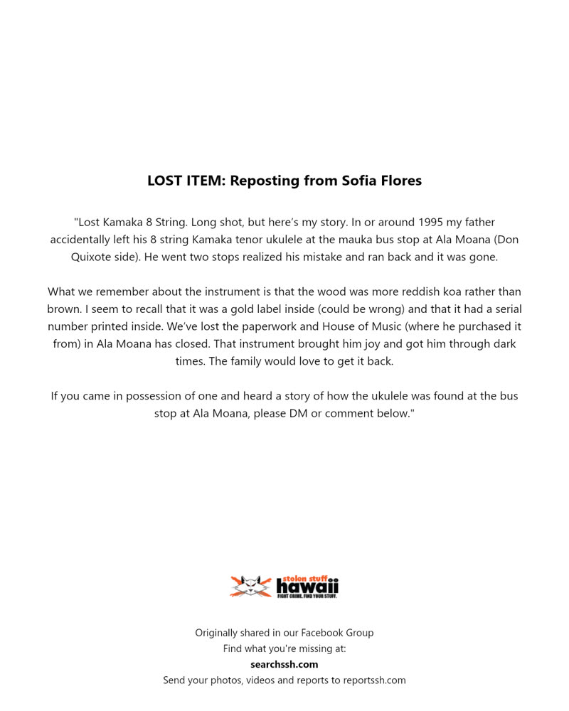 LOST ITEM - Ala Moana (Don Quixote side), Honolulu, Oahu | SSH Search