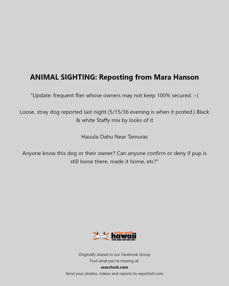ANIMAL SIGHTING - Tamura's, Hauula, Oahu | SSH Search
