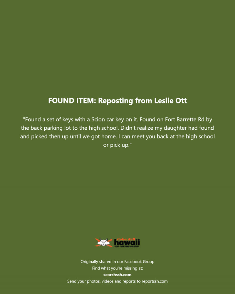 FOUND ITEM - Fort Barrette Rd, Kapolei, Oahu | SSH Search