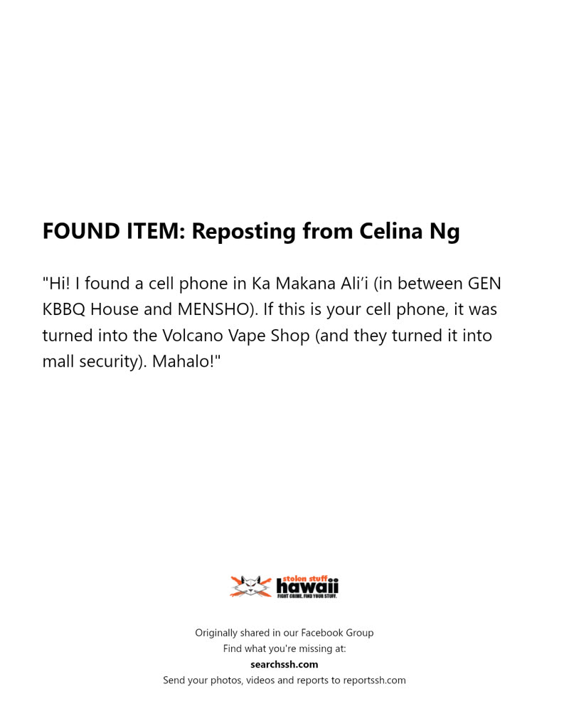 FOUND ITEM - Ka Makana Ali'i, Kapolei, Oahu | SSH Search