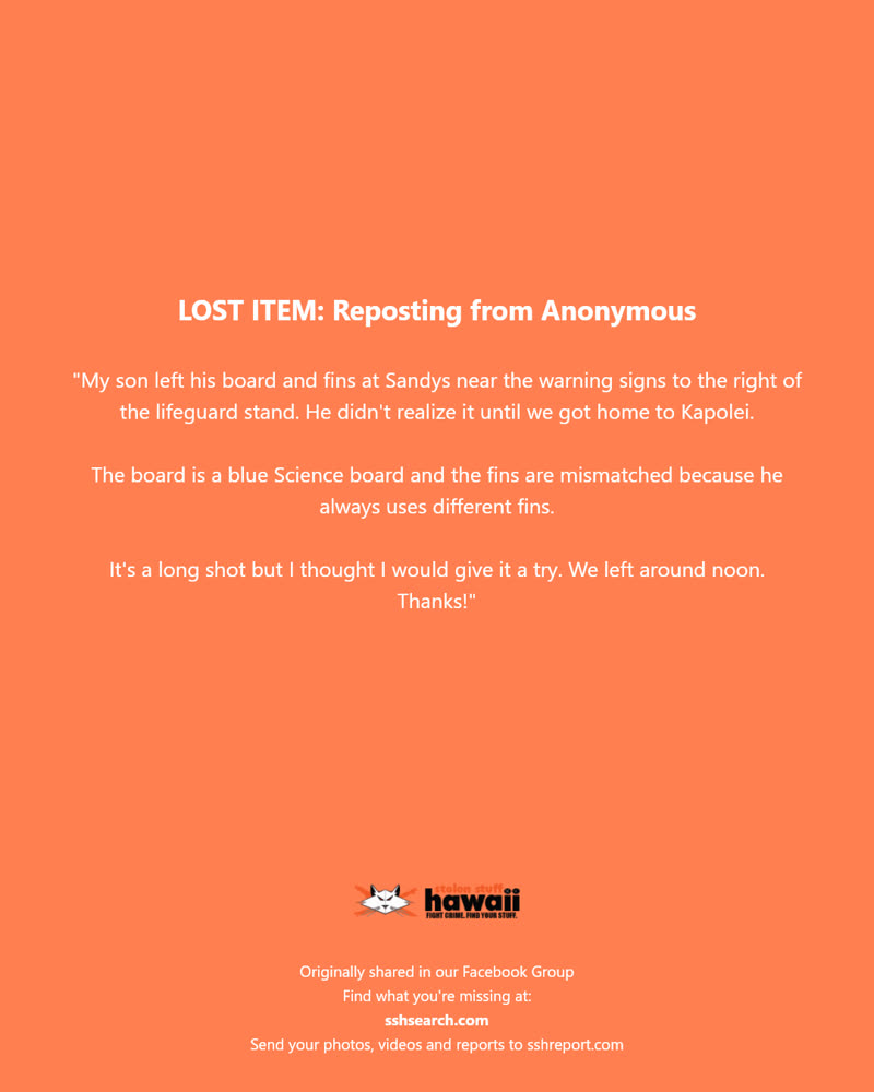 LOST ITEM - Sandy Beach, Waimanalo, Oahu | SSH Search