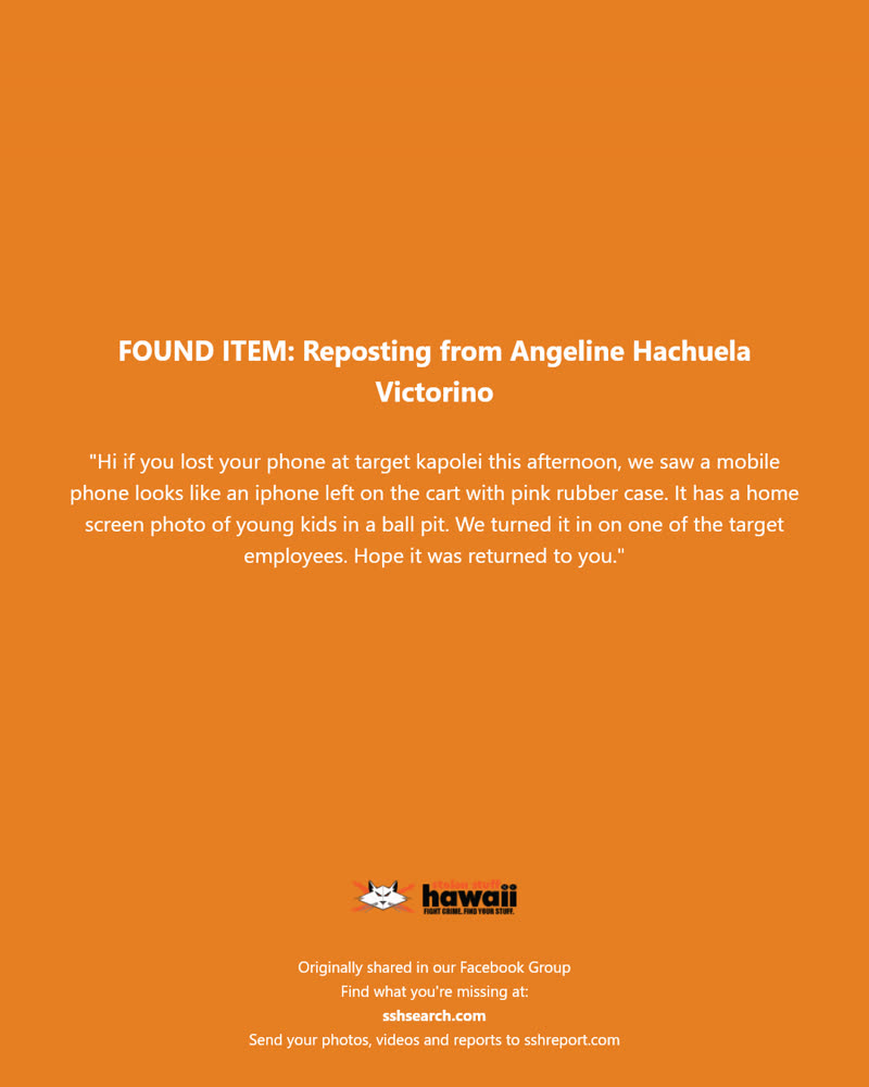 FOUND ITEM - Target Kapolei, Oahu | SSH Search