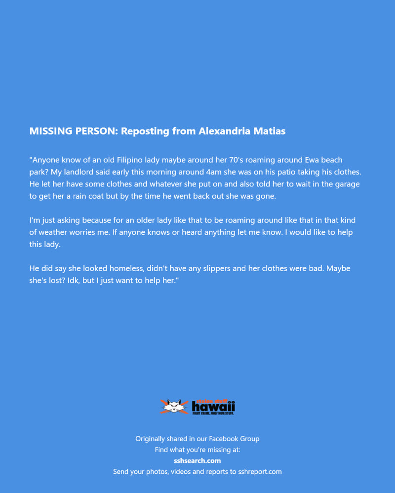 MISSING PERSON - Ewa Beach Park, Oahu | SSH Search