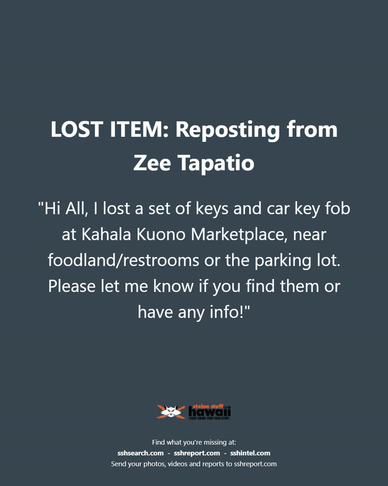 LOST ITEM - Kahala Kuono Marketplace, Kahala, Honolulu, Oahu | SSH Search