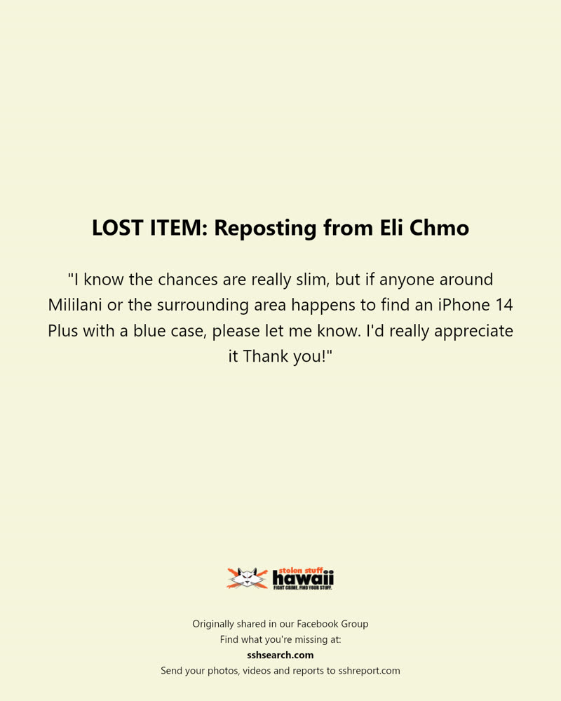 LOST ITEM - Mililani, Oahu | SSH Search