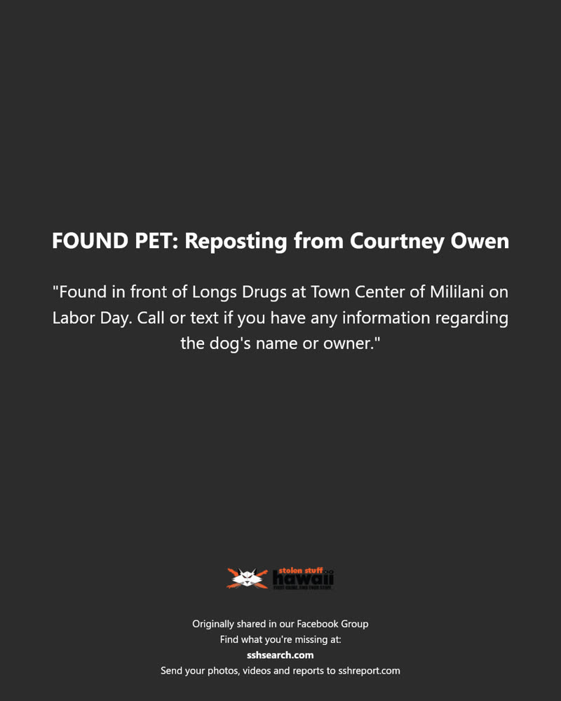 FOUND PET - Longs Drugs, Town Center of Mililani, Mililani, Oahu | SSH Search