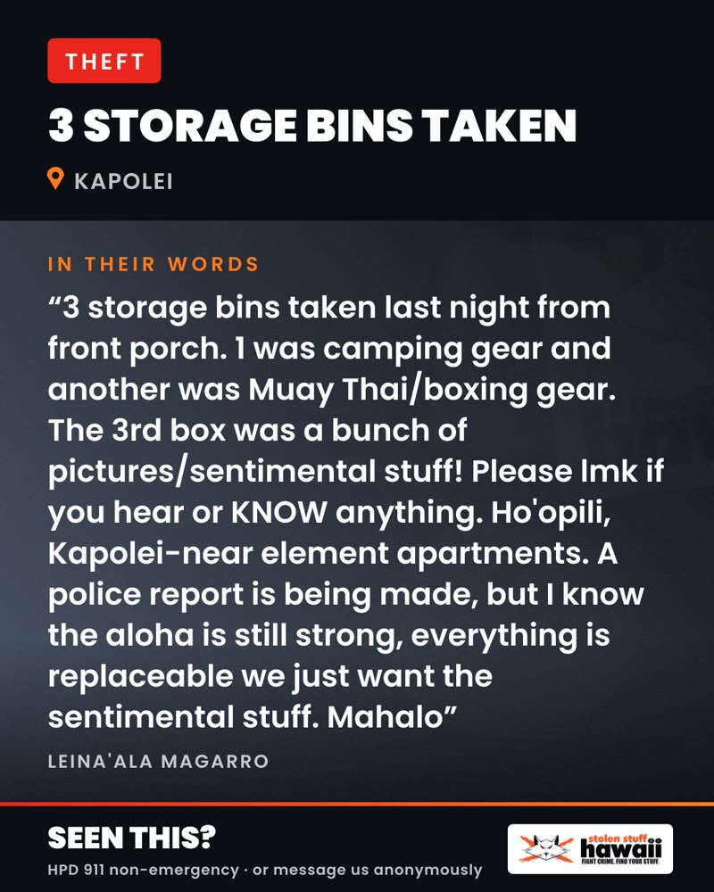 THEFT - Ho'opili, Kapolei, Oahu | SSH Search