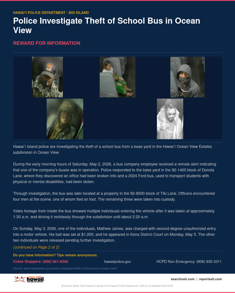 REWARD FOR INFORMATION - Hawaii County | SSH Search
