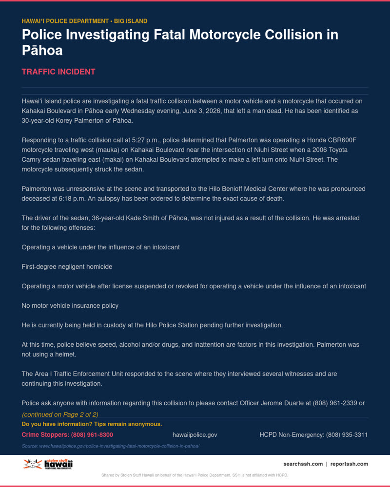 TRAFFIC INCIDENT - Hawaii County | SSH Search