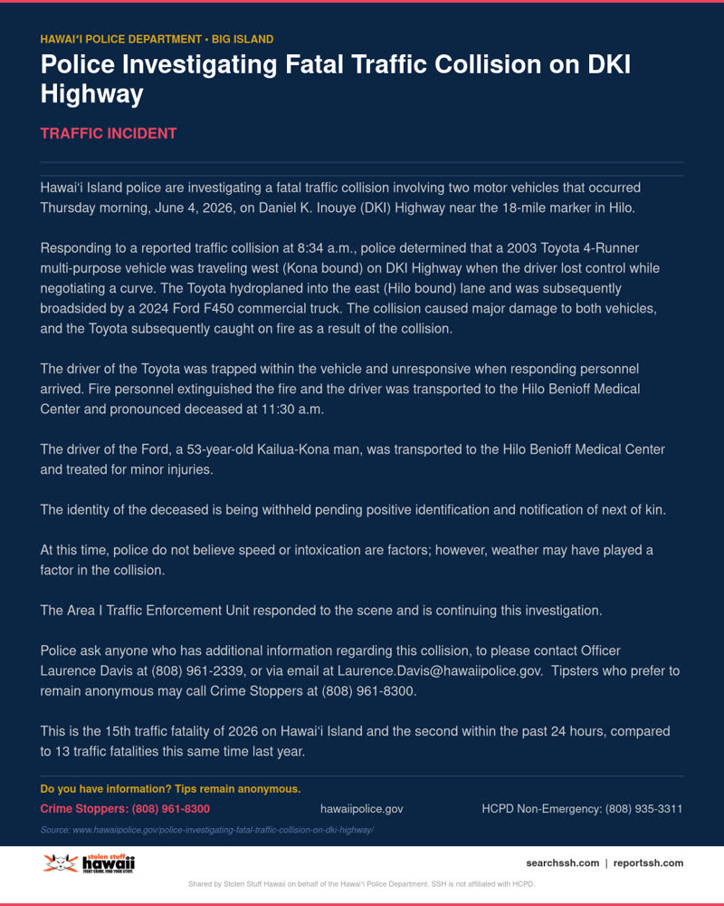 TRAFFIC INCIDENT - Hawaii County | SSH Search