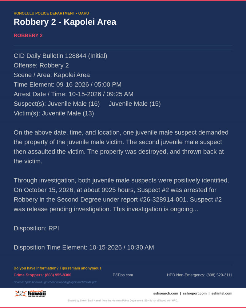 HPD OFFICIAL - Kapolei Area | SSH Search