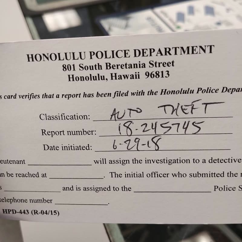 VEHICLE THEFT - Mapunapuna, Honolulu, Oahu | SSH Search