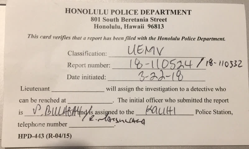 VEHICLE THEFT - Salt Lake, Honolulu, Oahu | SSH Search