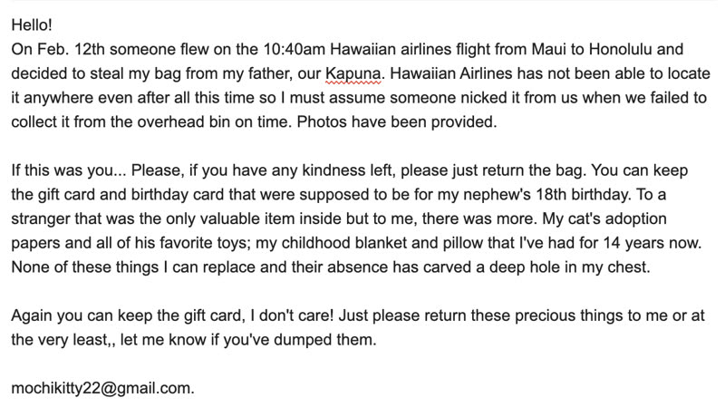 THEFT - Honolulu Airport, Hawaiian Airlines plane | SSH Search