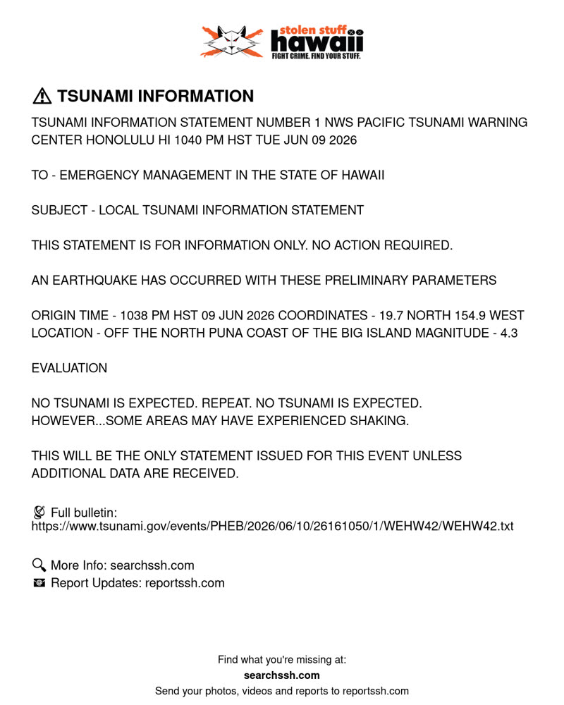 TSUNAMI INFORMATION - Hawaii | SSH Search