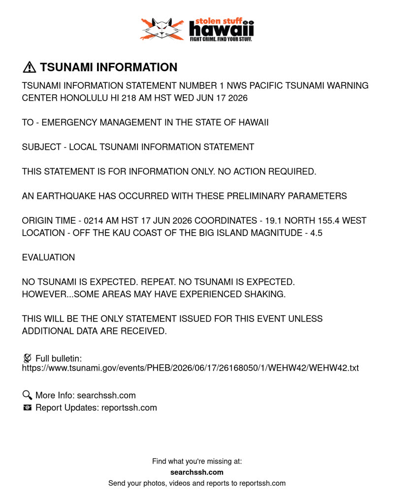 TSUNAMI INFORMATION - Hawaii | SSH Search