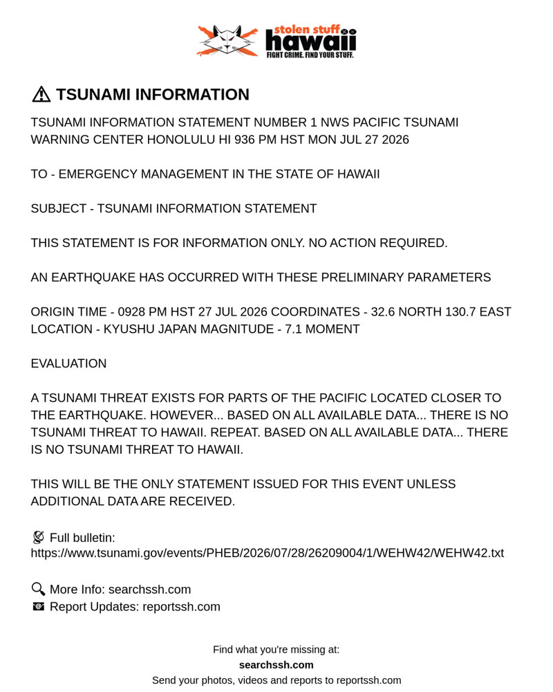 TSUNAMI INFORMATION - Hawaii | SSH Search