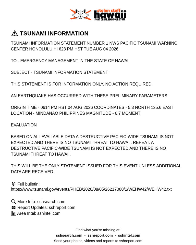 TSUNAMI INFORMATION - Hawaii | SSH Search