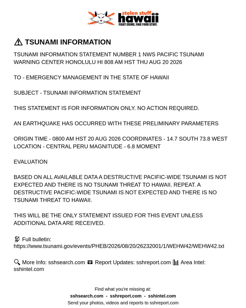 TSUNAMI INFORMATION - Hawaii | SSH Search