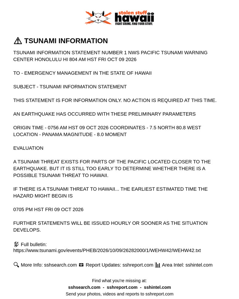 TSUNAMI INFORMATION - Hawaii | SSH Search
