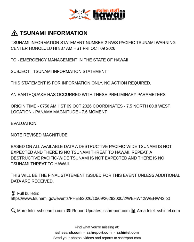TSUNAMI INFORMATION - Hawaii | SSH Search