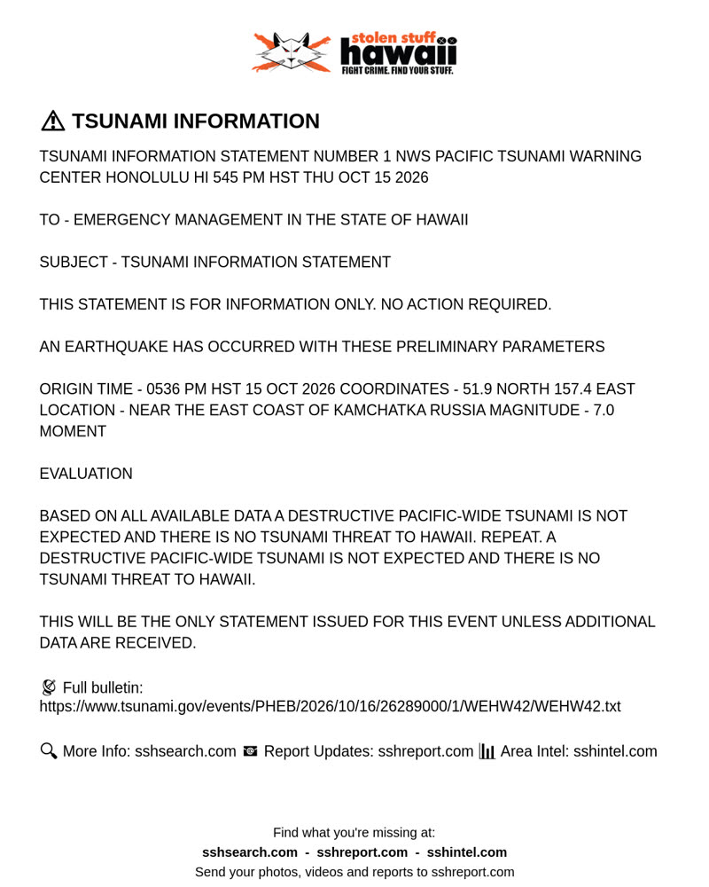 TSUNAMI INFORMATION - Hawaii | SSH Search