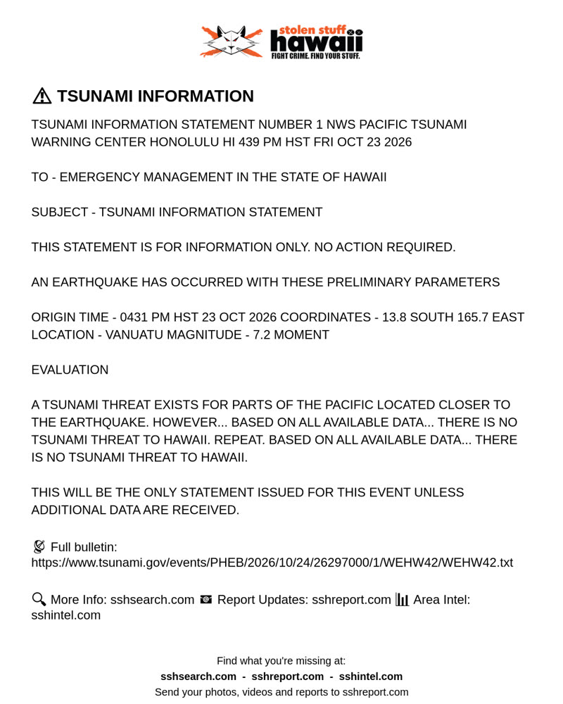 TSUNAMI INFORMATION - Hawaii | SSH Search