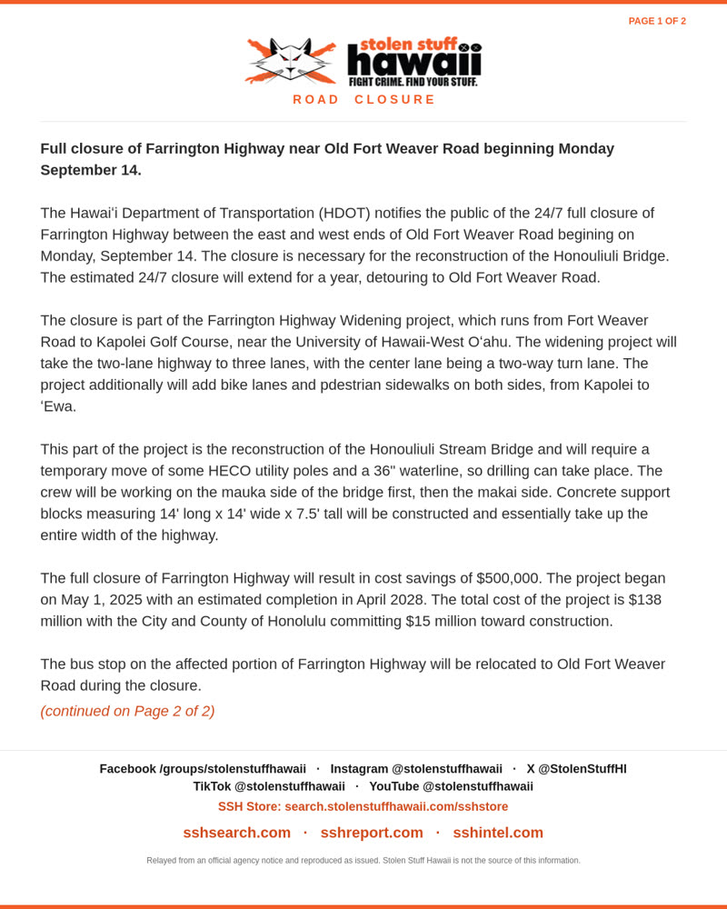 ROAD CLOSURE - Unknown | SSH Search