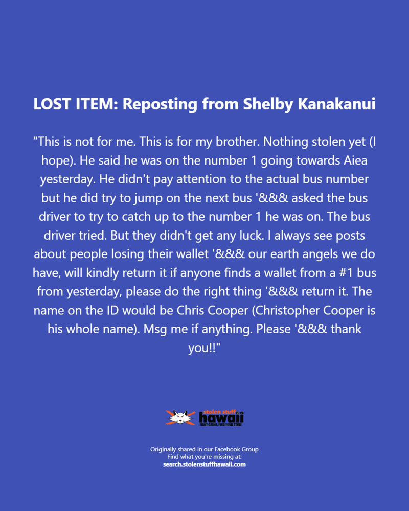 LOST ITEM - Oahu | SSH Search