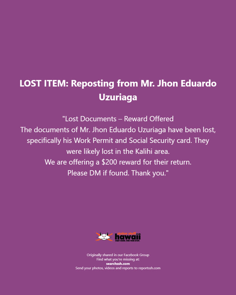 LOST ITEM - Oahu | SSH Search