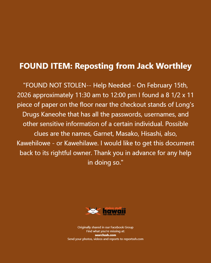 FOUND ITEM - Oahu | SSH Search