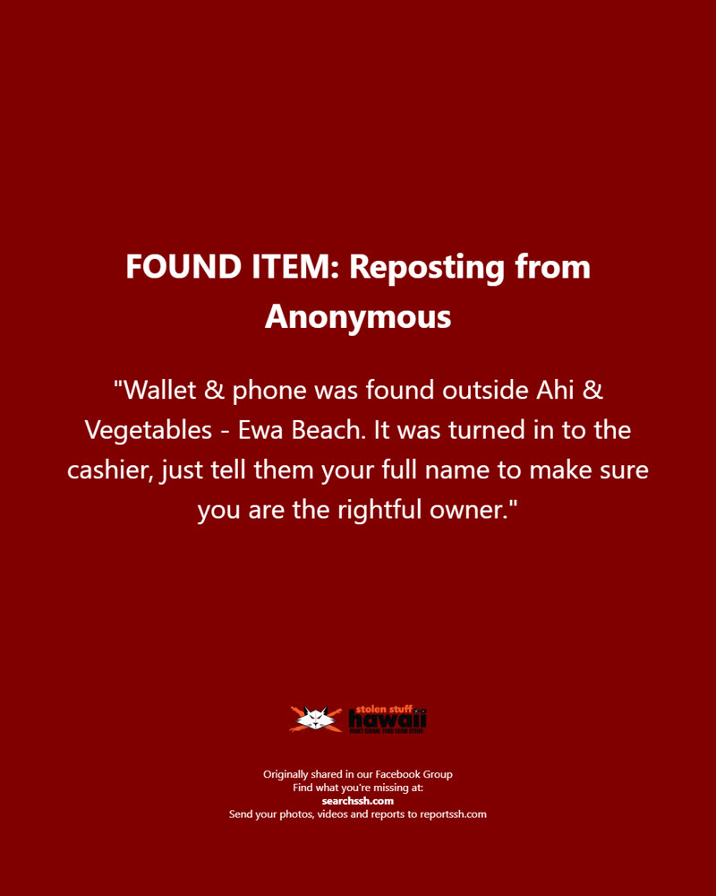 FOUND ITEM - Ahi & Vegetables Ewa Beach | SSH Search