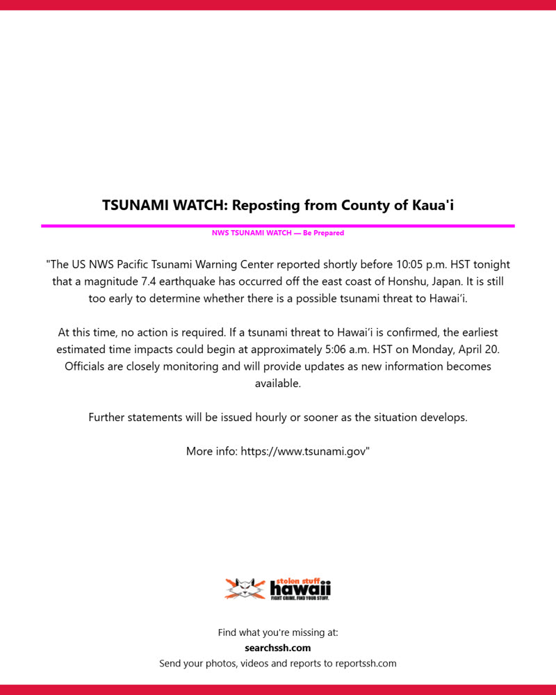 TSUNAMI WATCH - Oahu | SSH Search