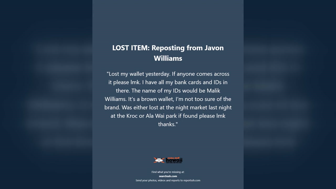 LOST ITEM - Oahu | Stolen Stuff Hawaii